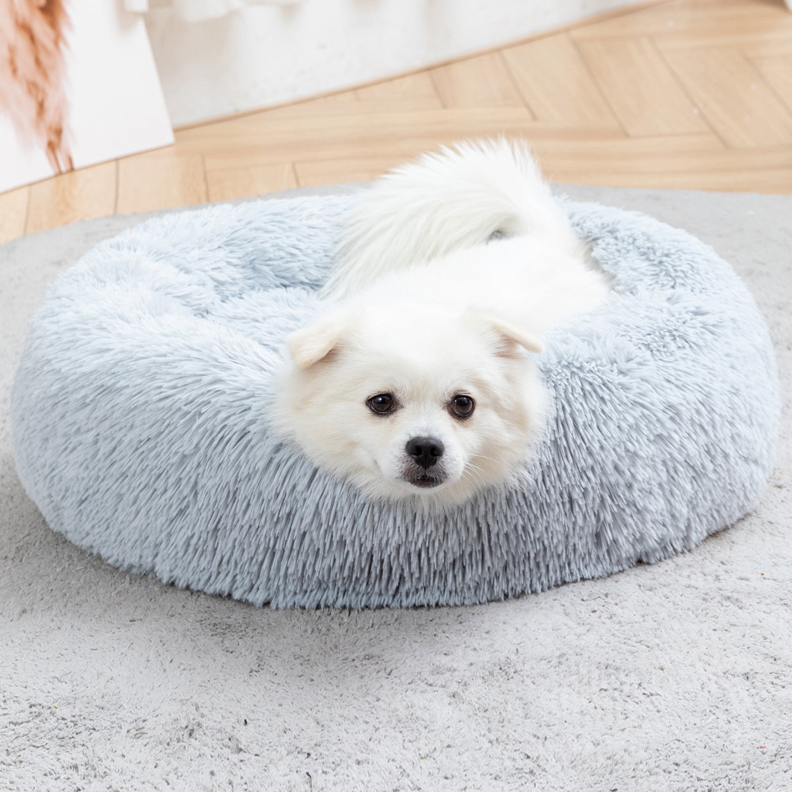 Fluffy Donut Dog Bed  Warm Soft Long Plush Pet Cushion Dog House Cat  Bed Washable Pet Sofa Mat Calming Samll Large Dog Beds